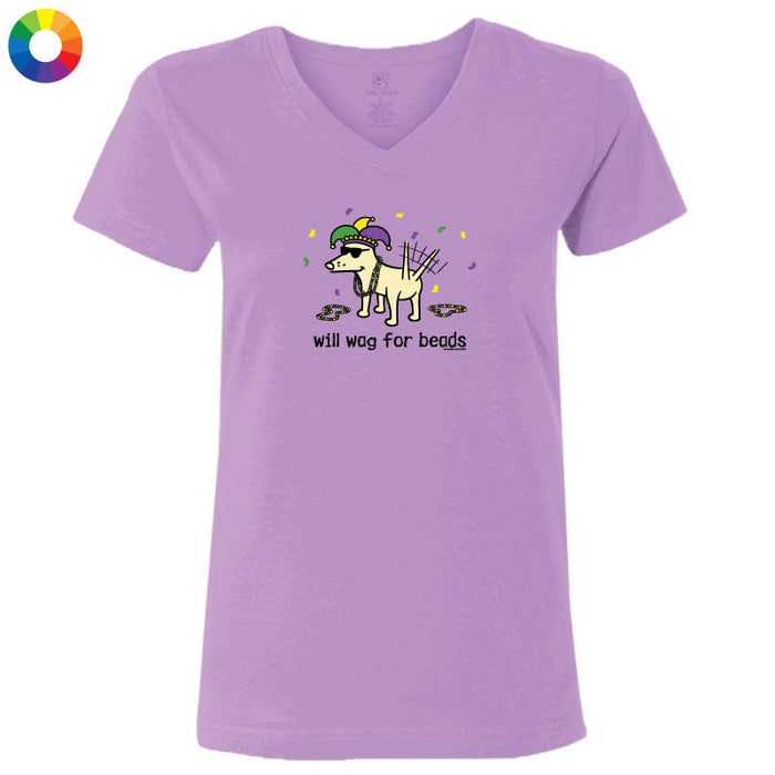 Will Wag for Beads - Ladies T-Shirt V-Neck