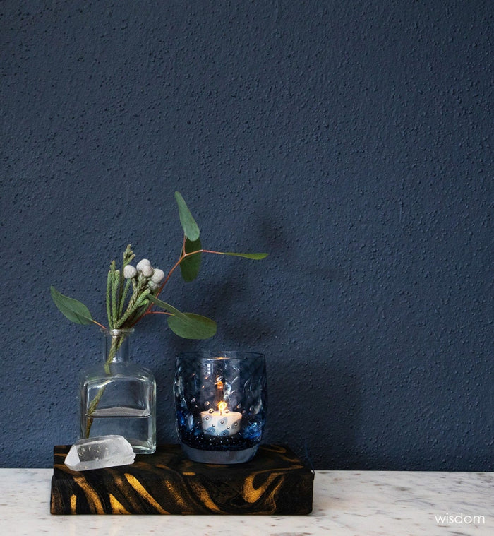 wisdom, unique navy bubble pattern, hand-blown glass votive candle holder.
