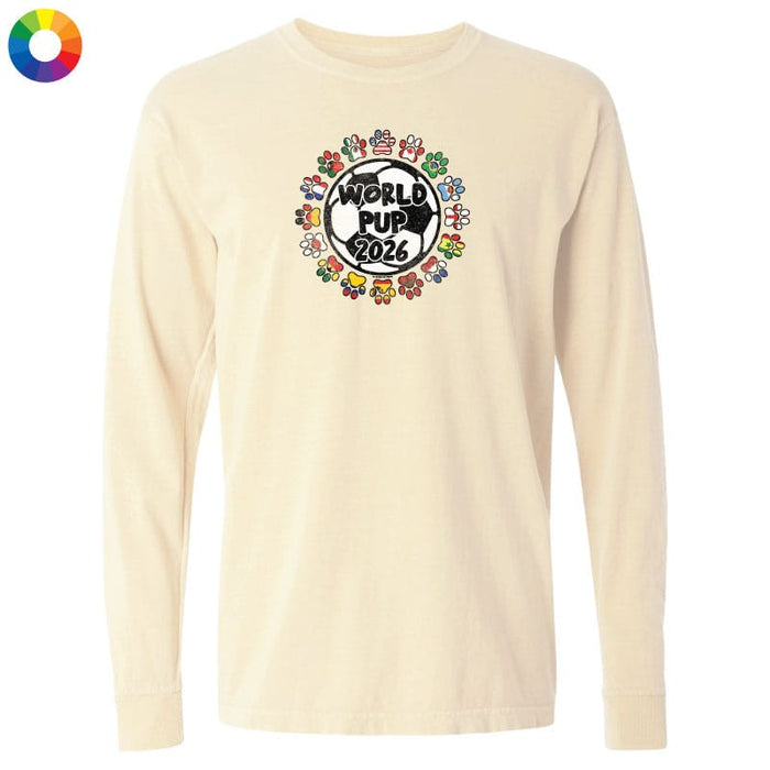 A beige long sleeve t-shirt with a "World Pup 2026" soccer graphic centered on the chest.