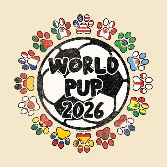 Graphic of a soccer ball with "World Pup 2026" text, surrounded by dog paw prints with international flags.