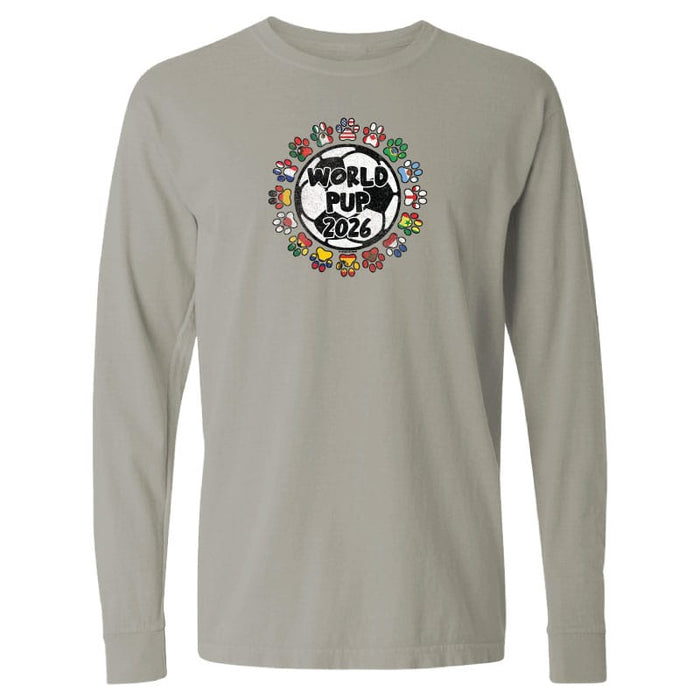 A grey long sleeve t-shirt with a "World Pup 2026" soccer graphic centered on the chest.