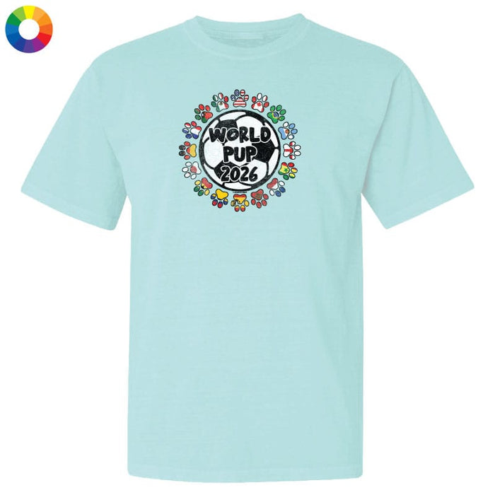 A sky blue t-shirt with a "World Pup 2026" soccer graphic centered on the chest.