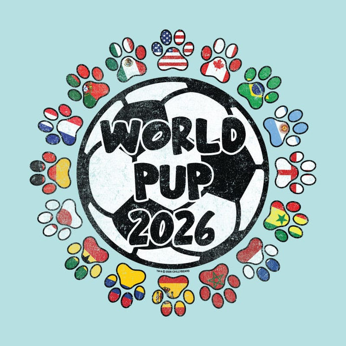 Graphic of a soccer ball with "World Pup 2026" text, surrounded by dog paw prints with international flags.