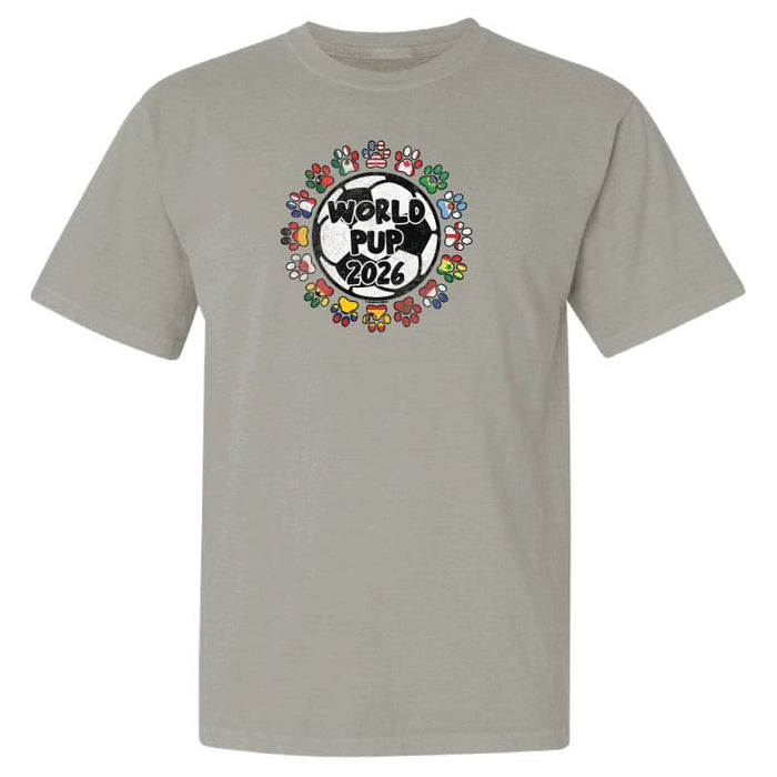 A pebble colored  t-shirt with a "World Pup 2026" soccer graphic centered on the chest.
