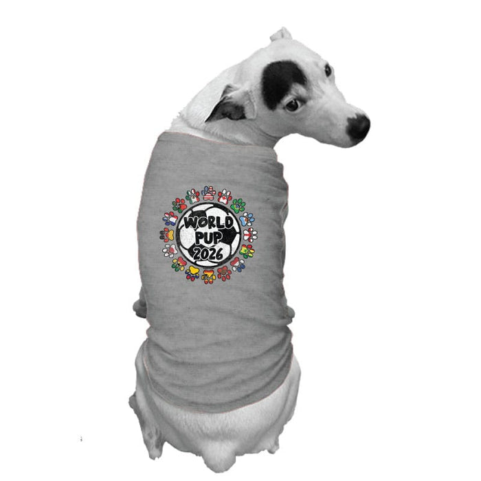 A dog with a gray dog shirt with a "World Pup 2026" soccer graphic centered on its back