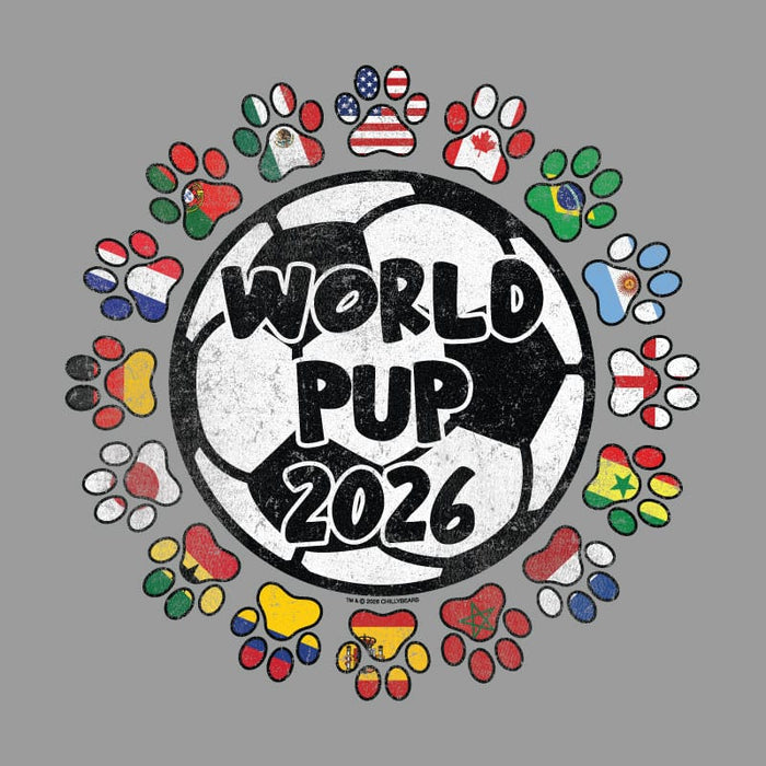 Graphic of a soccer ball with "World Pup 2026" text, surrounded by dog paw prints with international flags.