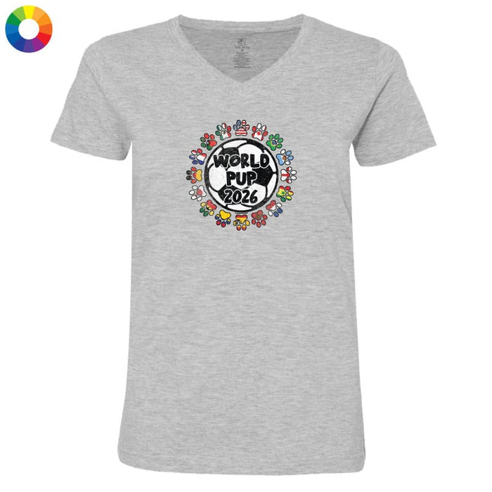 A heather gray v-neck t-shirt with a "World Pup 2026" soccer graphic centered on the chest.