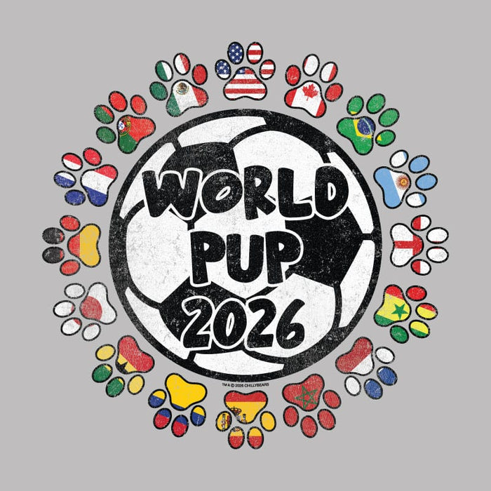 Graphic of a soccer ball with "World Pup 2026" text, surrounded by dog paw prints with international flags.
