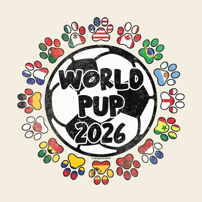 Graphic of a soccer ball with "World Pup 2026" text, surrounded by dog paw prints with international flags.