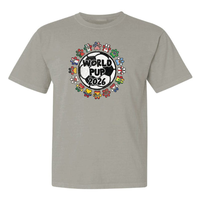 A gray child t-shirt with a "World Pup 2026" soccer graphic centered on the chest.