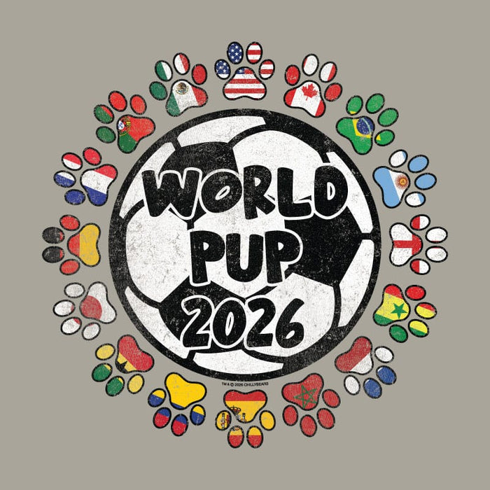 Graphic of a soccer ball with "World Pup 2026" text, surrounded by dog paw prints with international flags.